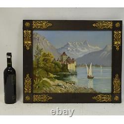 1895 Ancient Oil Painting Mountain Landscape With A Castle 61x52 CM