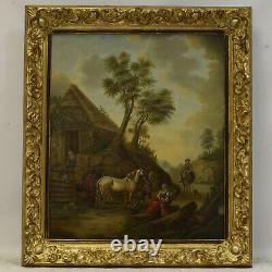 18/19th Century Old Oil Painting Cavalier In Front Of A Barn 78x68