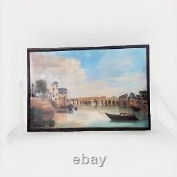 18th Century Antique Painting Oil on Canvas Landscape Bridge Over the Loir