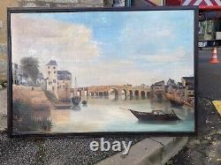 18th Century Antique Painting Oil on Canvas Landscape Bridge Over the Loir