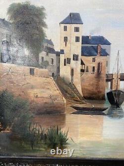 18th Century Antique Painting Oil on Canvas Landscape Bridge Over the Loir