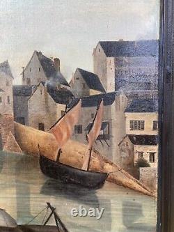 18th Century Antique Painting Oil on Canvas Landscape Bridge Over the Loir