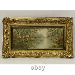 1904 Ancient Oil Painting On Swans Canvas On A Lake 46x27 CM