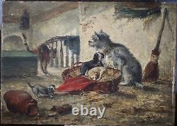 19th, Ancient Painting, Animals, Dogs, Chiots And Cat, Oil On Wood, Signed