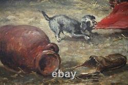 19th, Ancient Painting, Animals, Dogs, Chiots And Cat, Oil On Wood, Signed