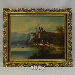 19th Century Ancient Oil Painting Landscape With Monastery 86x73 CM