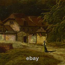 19th Century Ancient Oil Painting Landscape With Monastery 86x73 CM