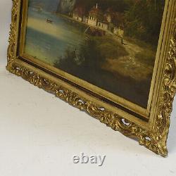 19th Century Ancient Oil Painting Landscape With Monastery 86x73 CM