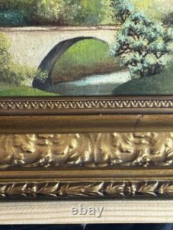 19th-Century Barbizon School Oil Painting, Woodland, Bridge, Antique Gilded Wood Frame