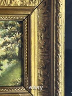 19th-Century Barbizon School Oil Painting, Woodland, Bridge, Antique Gilded Wood Frame