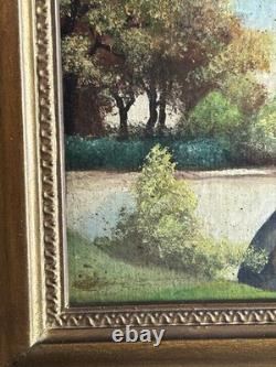 19th-Century Barbizon School Oil Painting, Woodland, Bridge, Antique Gilded Wood Frame