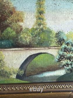 19th-Century Barbizon School Oil Painting, Woodland, Bridge, Antique Gilded Wood Frame