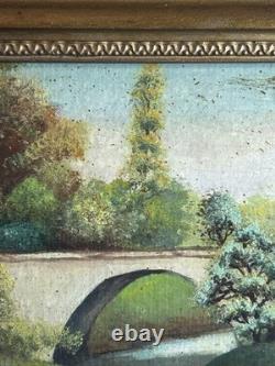 19th-Century Barbizon School Oil Painting, Woodland, Bridge, Antique Gilded Wood Frame