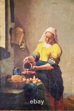 19th Century Oil on Canvas The Milkmaid after Johannes Vermeer Old Copyist Work