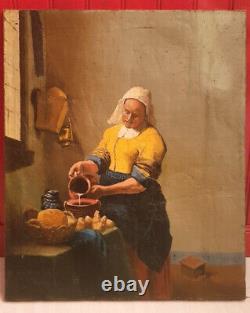 19th Century Oil on Canvas The Milkmaid after Johannes Vermeer Old Copyist Work