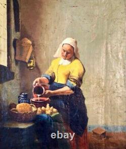 19th Century Oil on Canvas The Milkmaid after Johannes Vermeer Old Copyist Work