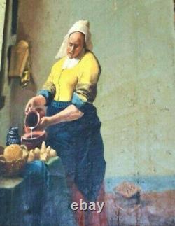 19th Century Oil on Canvas The Milkmaid after Johannes Vermeer Old Copyist Work