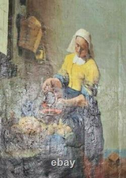 19th Century Oil on Canvas The Milkmaid after Johannes Vermeer Old Copyist Work