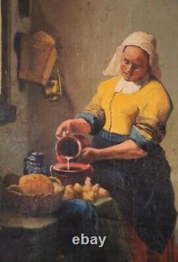 19th Century Oil on Canvas The Milkmaid after Johannes Vermeer Old Copyist Work