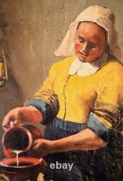 19th Century Oil on Canvas The Milkmaid after Johannes Vermeer Old Copyist Work