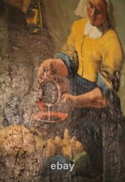 19th Century Oil on Canvas The Milkmaid after Johannes Vermeer Old Copyist Work