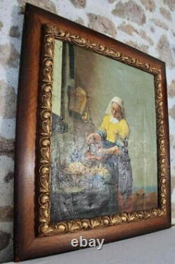 19th Oil On Canvas The Dairy After Johannes Vermeer Former Copist Work