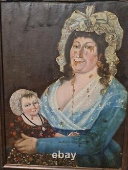 19th century, old oil painting on canvas mother and child