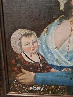 19th century, old oil painting on canvas mother and child