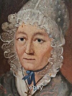 19th century, old portrait of a woman, unsigned oil on panel