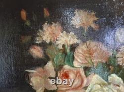 1 Oil on Canvas Signed Roses Oeuillet' Antique