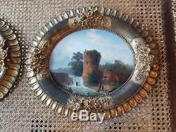 2 Ancient Paintings 1850 Oil On Panels Oval Ecole Francaise XIX ° Signs