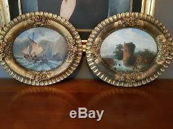 2 Ancient Paintings 1850 Oil On Panels Oval Ecole Francaise XIX ° Signs