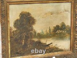 2 Ancient signed paintings: Riverside Landscape Oil Painting on Canvas A Res