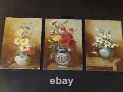 3 Miniature Paintings, Oil on Antique 19th Century Wood Panel