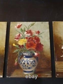 3 Miniature Paintings, Oil on Antique 19th Century Wood Panel