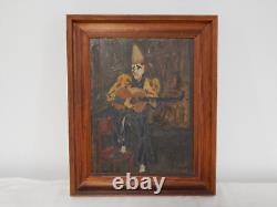 ANCIENT PAINTING Oil on CARD CLOWN Playing Music Dated 1947