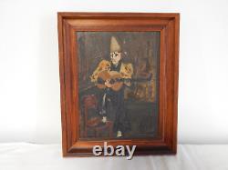 ANCIENT PAINTING Oil on CARD CLOWN Playing Music Dated 1947