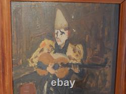 ANCIENT PAINTING Oil on CARD CLOWN Playing Music Dated 1947