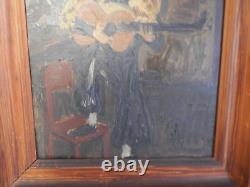 ANCIENT PAINTING Oil on CARD CLOWN Playing Music Dated 1947