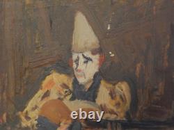 ANCIENT PAINTING Oil on CARD CLOWN Playing Music Dated 1947