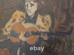 ANCIENT PAINTING Oil on CARD CLOWN Playing Music Dated 1947