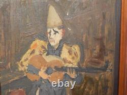 ANCIENT PAINTING Oil on CARD CLOWN Playing Music Dated 1947