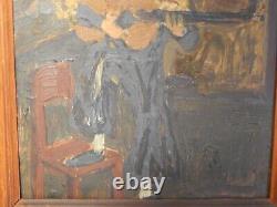 ANCIENT PAINTING Oil on CARD CLOWN Playing Music Dated 1947