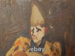 ANCIENT PAINTING Oil on CARD CLOWN Playing Music Dated 1947