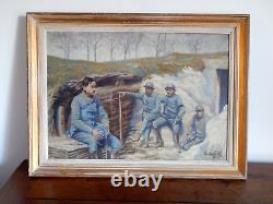 ANCIENT PAINTING Oil on Canvas Artillerymen Resting in a Trench Signed LAFITTE