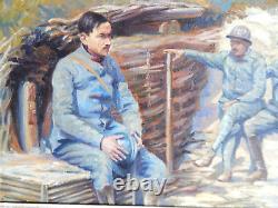 ANCIENT PAINTING Oil on Canvas Artillerymen Resting in a Trench Signed LAFITTE