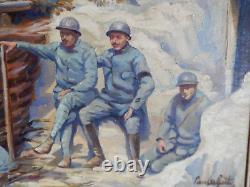 ANCIENT PAINTING Oil on Canvas Artillerymen Resting in a Trench Signed LAFITTE
