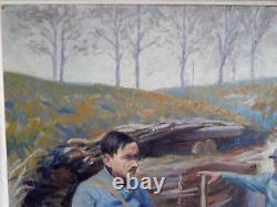 ANCIENT PAINTING Oil on Canvas Artillerymen Resting in a Trench Signed LAFITTE