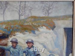ANCIENT PAINTING Oil on Canvas Artillerymen Resting in a Trench Signed LAFITTE