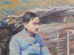 ANCIENT PAINTING Oil on Canvas Artillerymen Resting in a Trench Signed LAFITTE